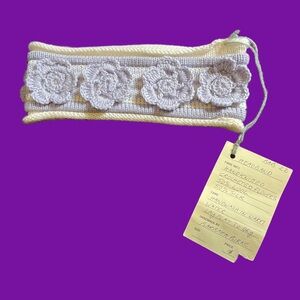 NWT Cream and Purple Striped Headband with Crochet Flowers Silk and Wool Knit